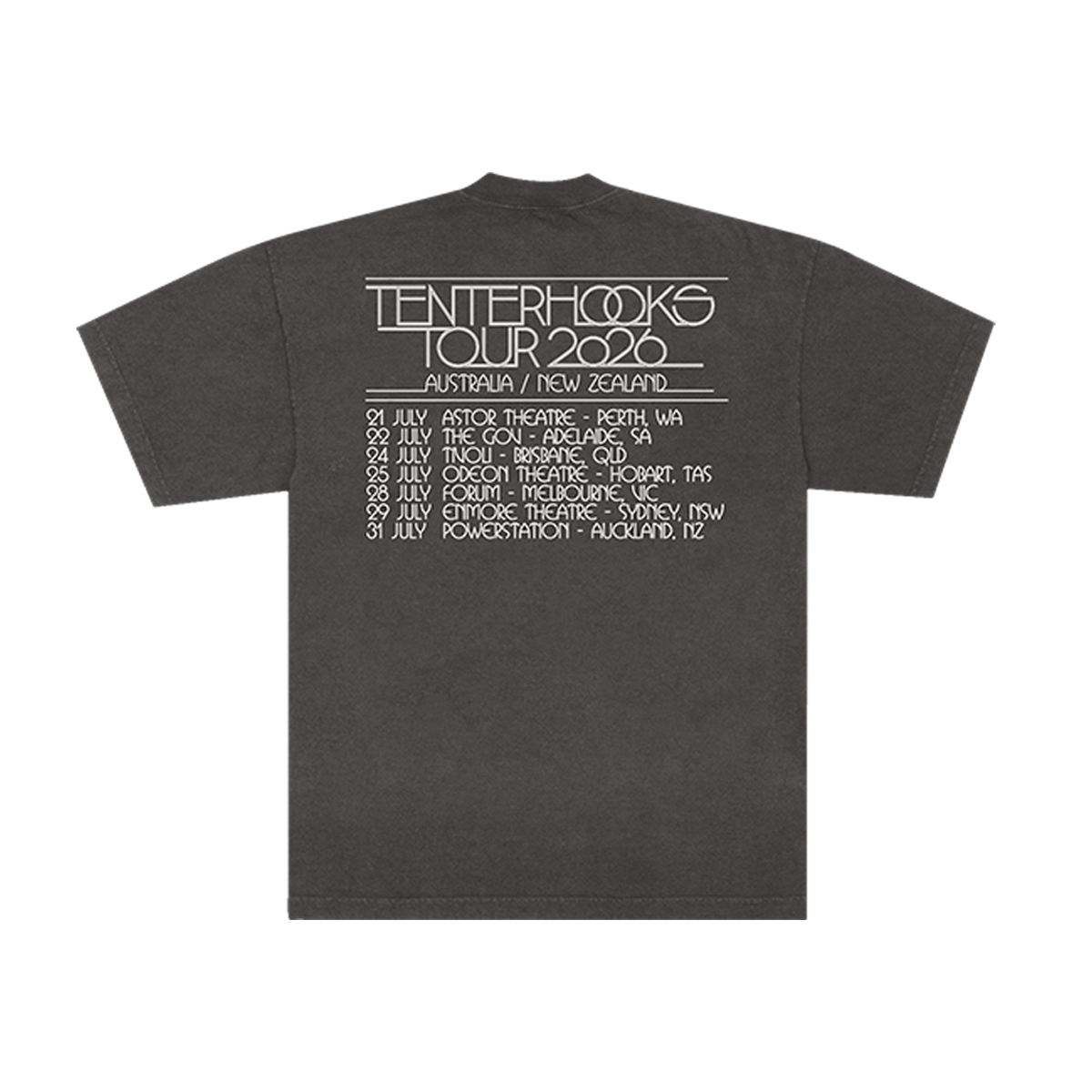 A dark gray short-sleeve t-shirt shown from the back, featuring a white printed graphic of the Tenterhooks Tour 2026 in New Zealand.