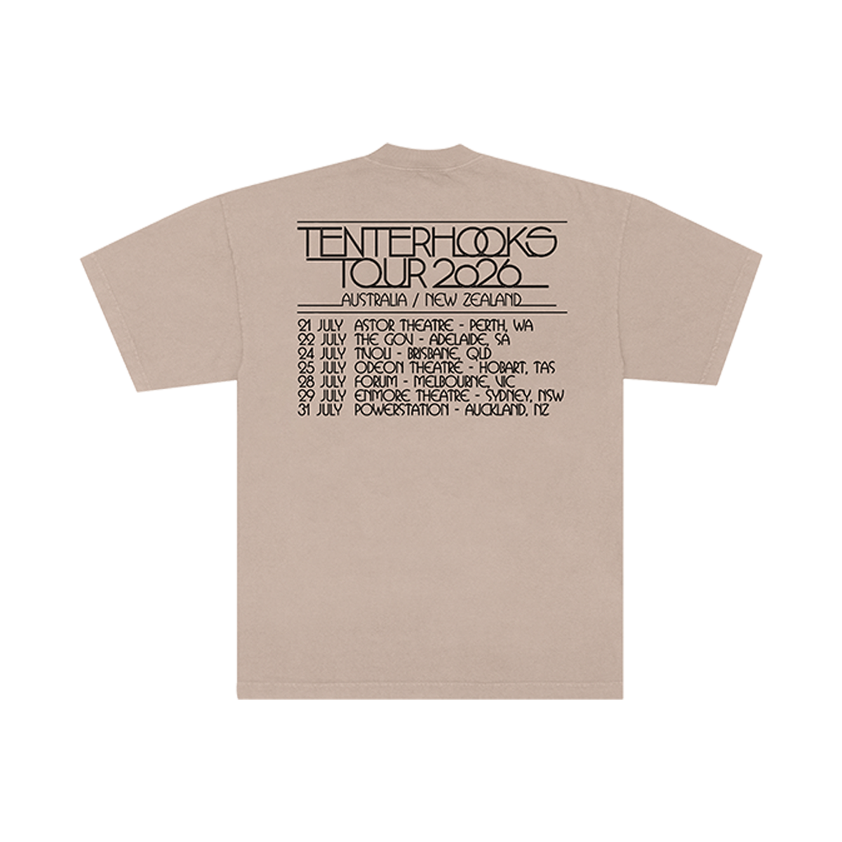 The back of a light beige t-shirt shown from the back, featuring a black printed graphic of the 'Tenterhooks Tour 2026' with venue and date listings.