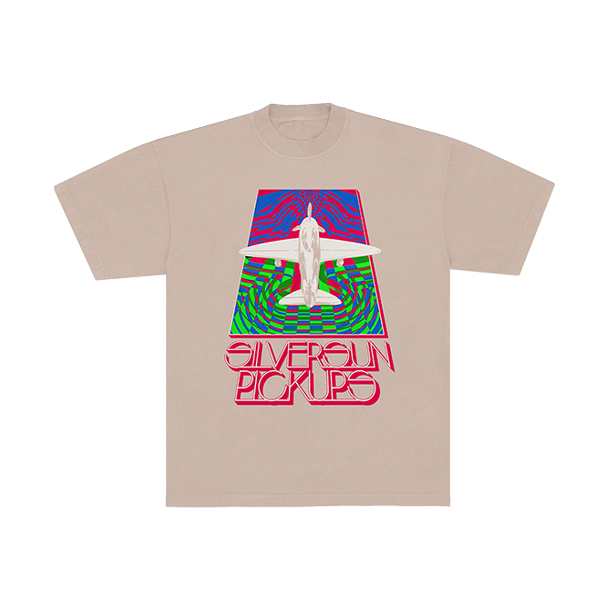 A beige crewneck t-shirt featuring a colorful graphic of a white airplane over a psychedelic green and red landscape, with the text 'SILVERFLUN PICKUPS' in red below it.