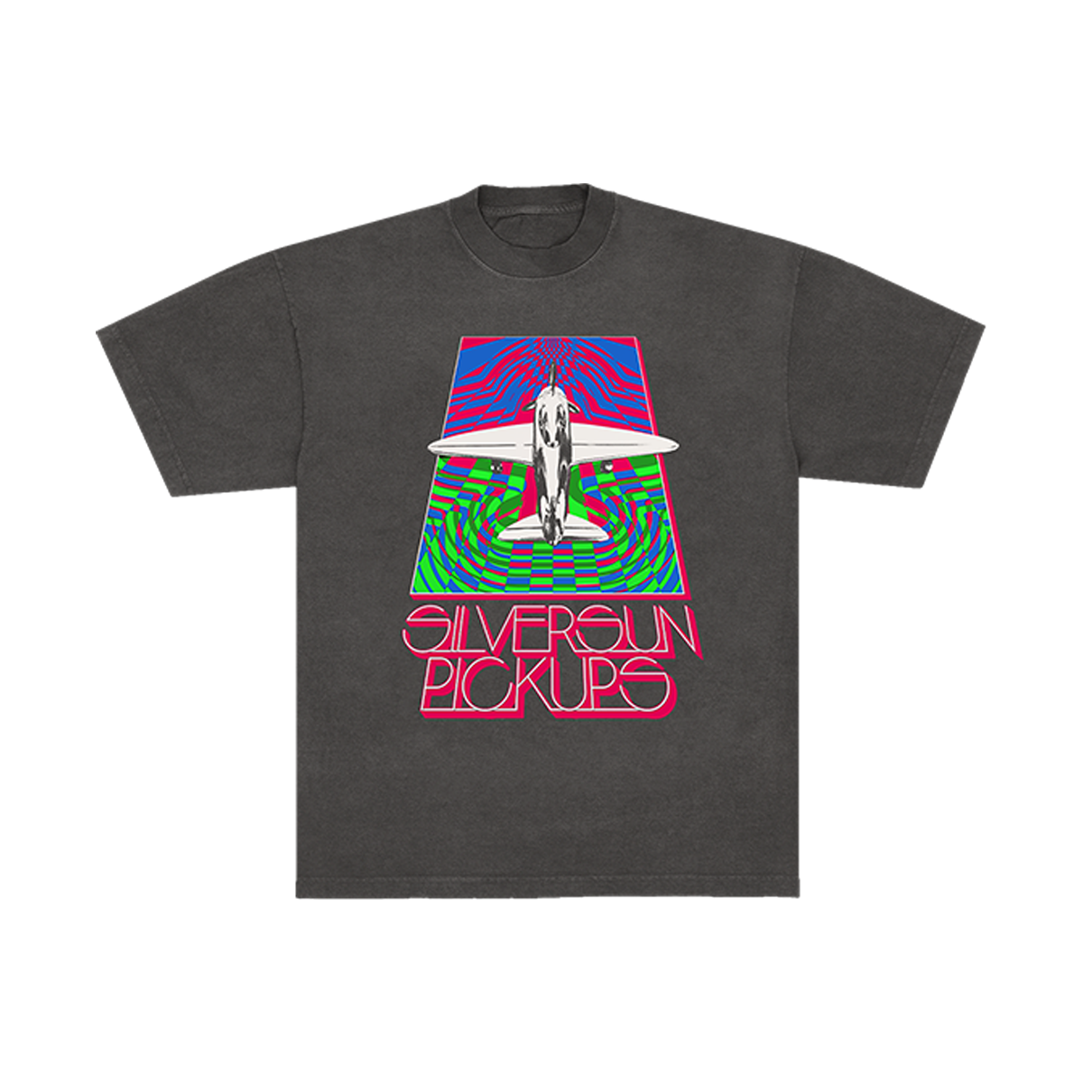 A dark gray crewneck t-shirt featuring a colorful graphic of a surfer riding a wave with the text 'SILVERSun PICKUPS' in neon pink below it, displayed on a clean white background.